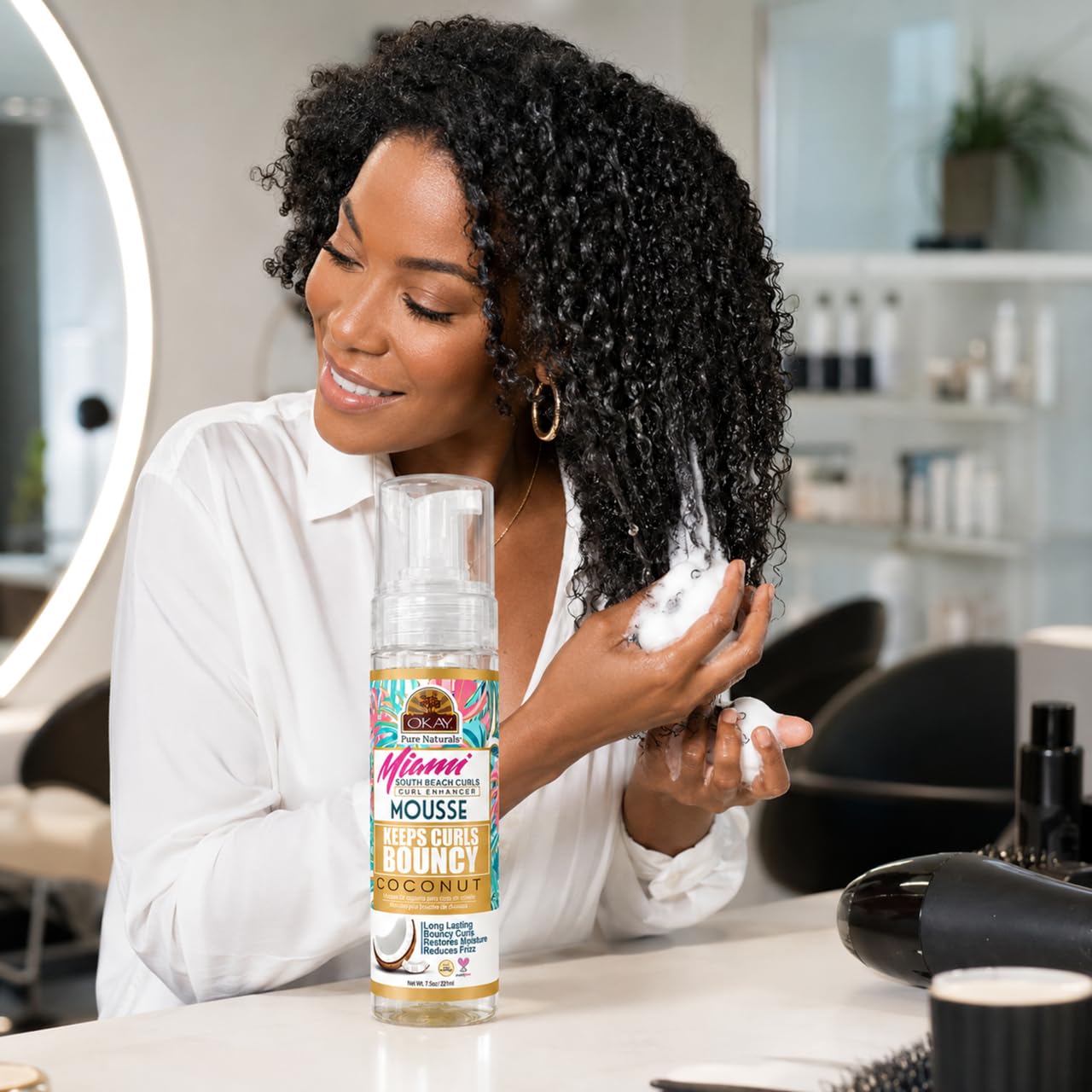 OKAY Miami South Beach Curls Curl Enhancer Mousse 7.5 oz - Lightweight Curl Defining Hair Styling Foam with Coconut Oil & Aloe Vera for Frizz Control Beauty & Personal Care OKAY