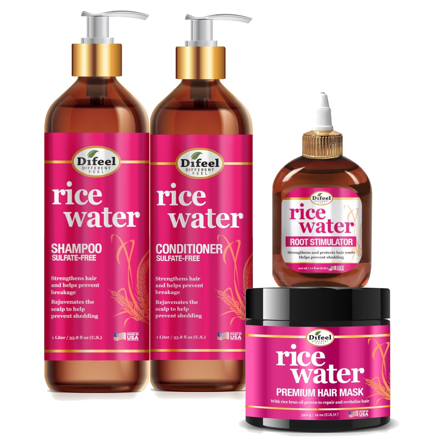 Difeel Rice Water Hair Care 4PC Shampoo & Conditioner Deep Treatment Set - Includes 33.8oz Shampoo, 33.8oz Conditioner, 12oz Hair Mask, 7.1oz Root Beauty & Personal Care Difeel