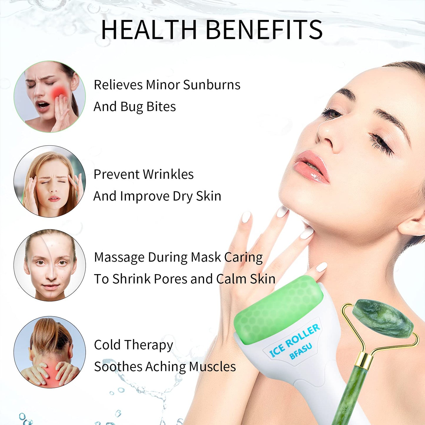 BFASU Facial Roller Set of 3, Ice Roller, Two-Sided Jade Roller and Gua Sha Massage Tool, Rolling Tool for Facial Beauty and Body Massage, Helps Beauty & Personal Care BFASU