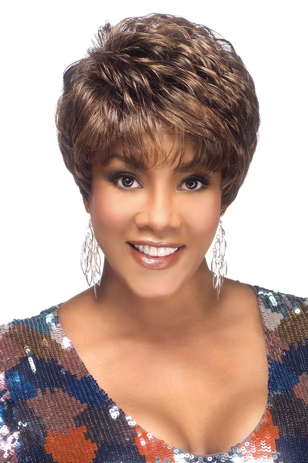 Vivica A. Fox AMY-V, Heat Resistant Fiber, Pure Comfort Cap, Layered Short Pixie Style with Tapered Back, Full Wig (1B Off Black)