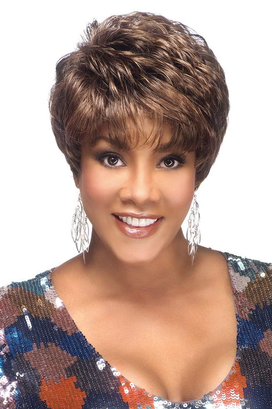 Vivica A. Fox AMY-V, Heat Resistant Fiber, Pure Comfort Cap, Layered Short Pixie Style with Tapered Back, Full Wig (4 Medium Dark Brown)