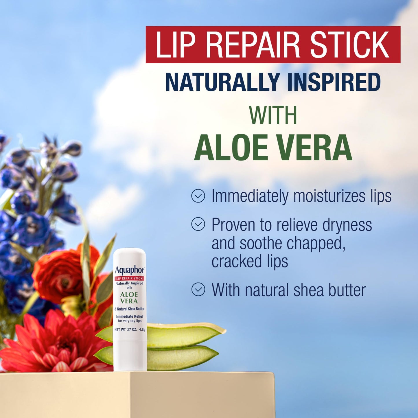 Aquaphor Naturally Inspired Lip Repair Stick with Aloe Vera and Natural Shea Butter, Hydrating Lip Balm Immediately Relieves Dryness, 0.17 Oz Stick Beauty & Personal Care Aquaphor