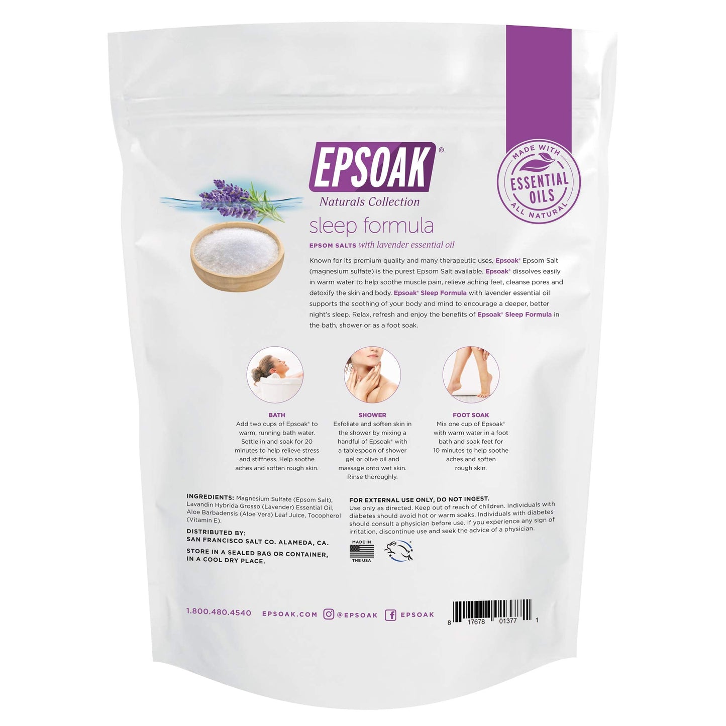 Epsoak Epsom Salt 2 lb. USP Magnesium Sulfate with Lavender Scent Resealable Epsom Salt Bag, Made in The USA, Cruelty-Free Certified Beauty and Personal Care Epsoak