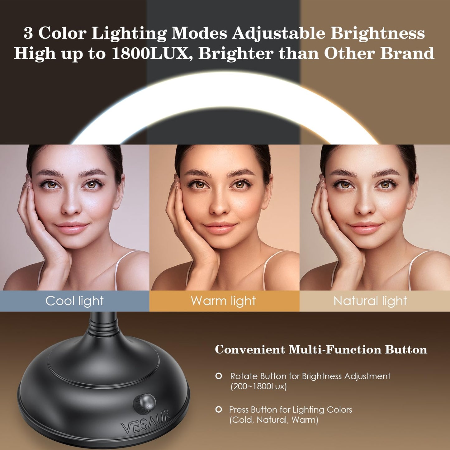 VESAUR Professional 8.5" Lighted Makeup Mirror, 1X/10X Double Sided HD Undistorted Magnifying Mirror with 3 Color 90 Dimmable LED lights, 360° Beauty & Personal Care VESAUR