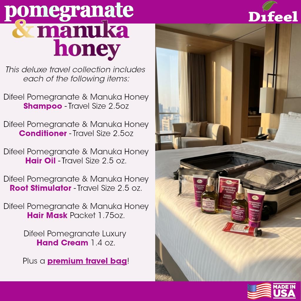 Difeel Pomegranate & Manuka Honey 6-Piece Travel Hair Care Set - Sulfate-Free Shampoo, Conditioner, Hair Oil, Root Stimulator & Deep Conditioning Mask Beauty & Personal Care Difeel