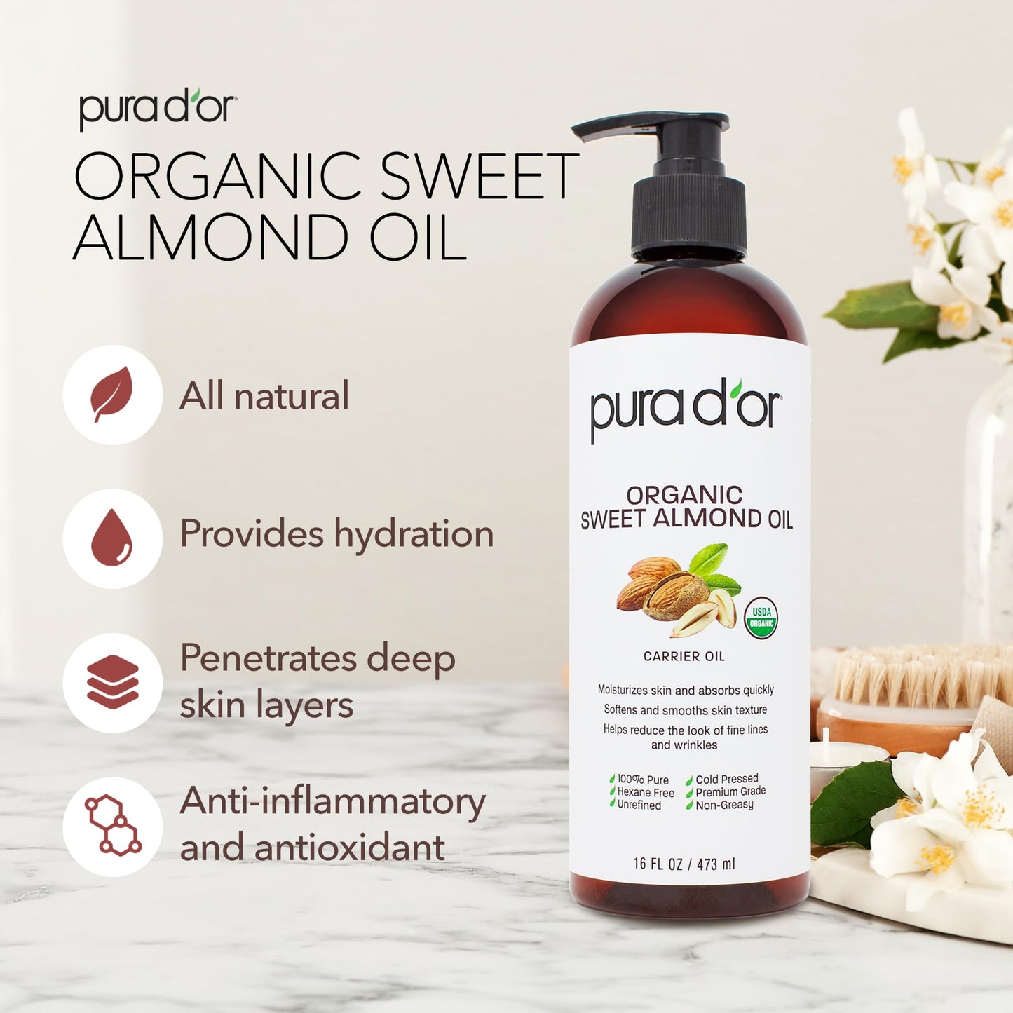 PURA D'OR ORGANIC Sweet Almond Oil, Pure Carrier Oil for Hair & Skin, 16 Oz Beauty & Personal Care PURA D'OR