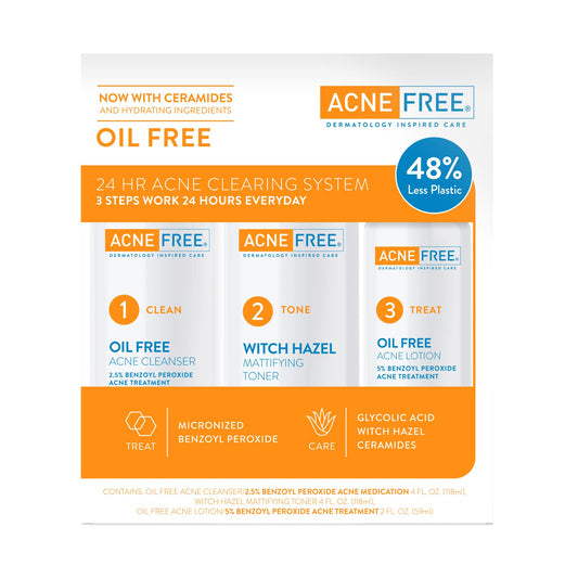 Acne Free 3 Step 24 Hour Acne Treatment Kit - Clearing System W Oil Free Acne Cleanser, Witch Hazel Toner, & Oil Free Acne Lotion - Acne Solution W Beauty & Personal Care AcneFree