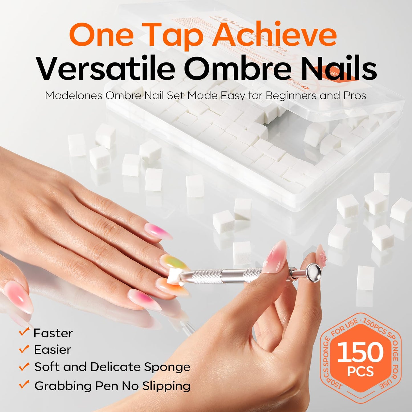 Modelones 150pcs Nail Sponges for Ombre, Nail Art Sponge with Grabbing Pen Reusable Soft Sponges for Gradient Ombre Blush Chrome Design Effects Beauty and Personal Care modelones