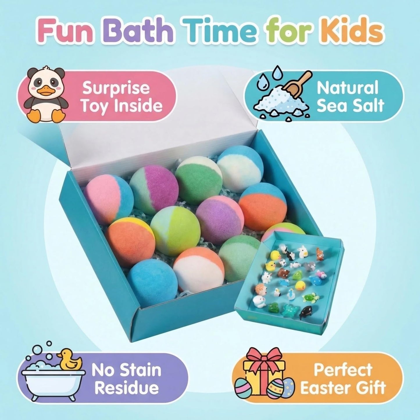2026 New Natural Bath Bombs for Kids with Mega Bubbles & Surprise Inside, 12/24 Pack Natural Colorful Bubble Fizzies with Toys Inside, Easter Basket Beauty and Personal Care marouen