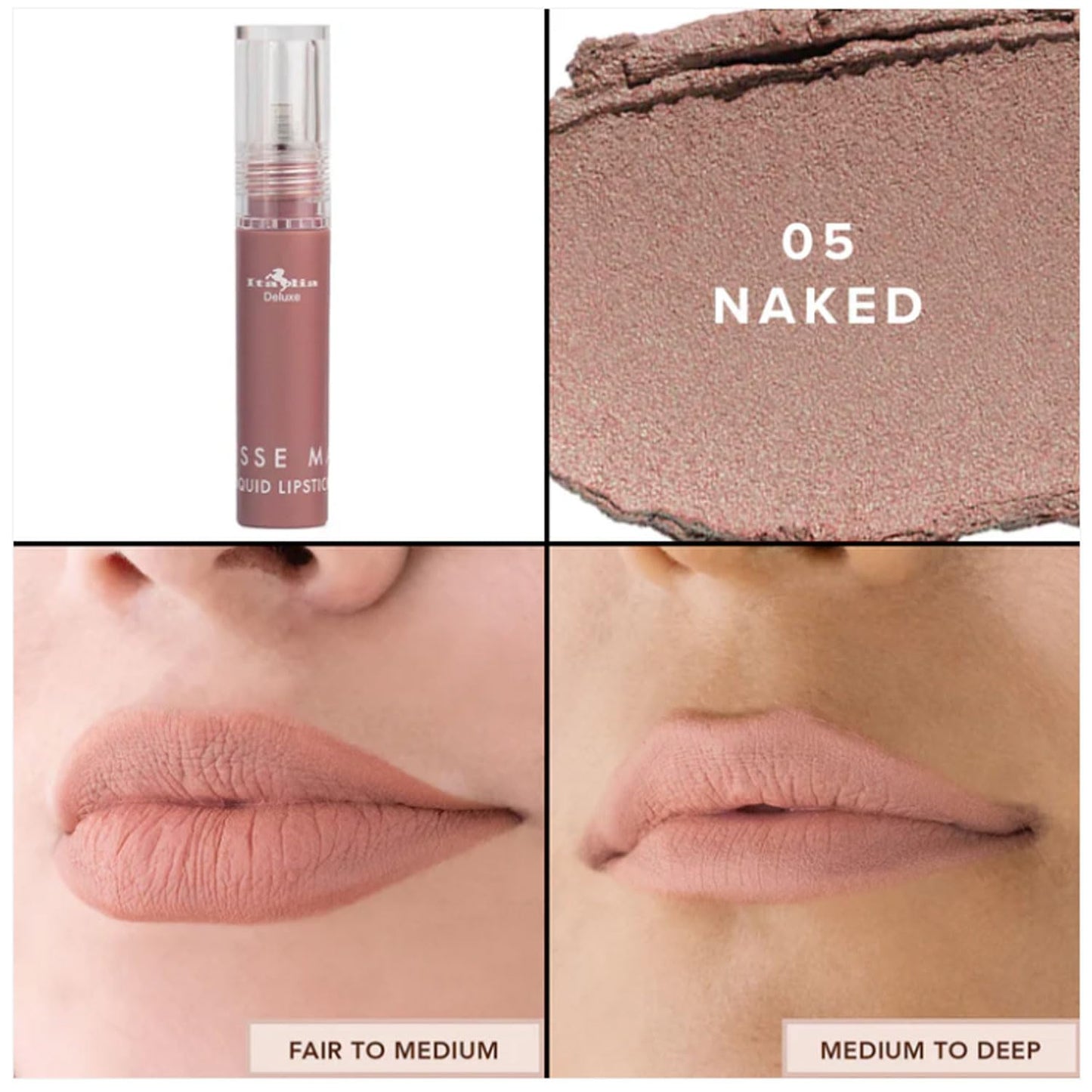 Italia Deluxe Pick 1 Mousse Matte Liquid Lipstick Comfortable Velvet Finish & Zipper Bag (190-05 : NAKED, Full Size) Beauty & Personal Care Italia Deluxe