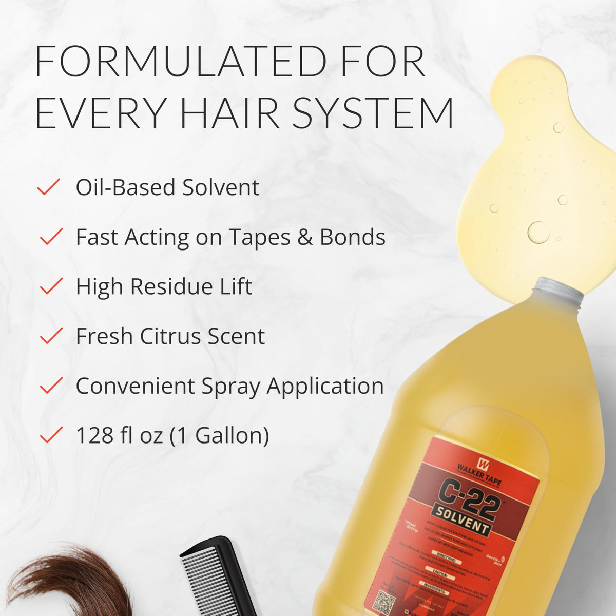 Walker Tape C-22 Solvent Gallon 128 oz, Fast-Acting Adhesive Remover for Wig Tape, Lace Systems, and Tape in Hair Extensions Human Hair, Oil-Based