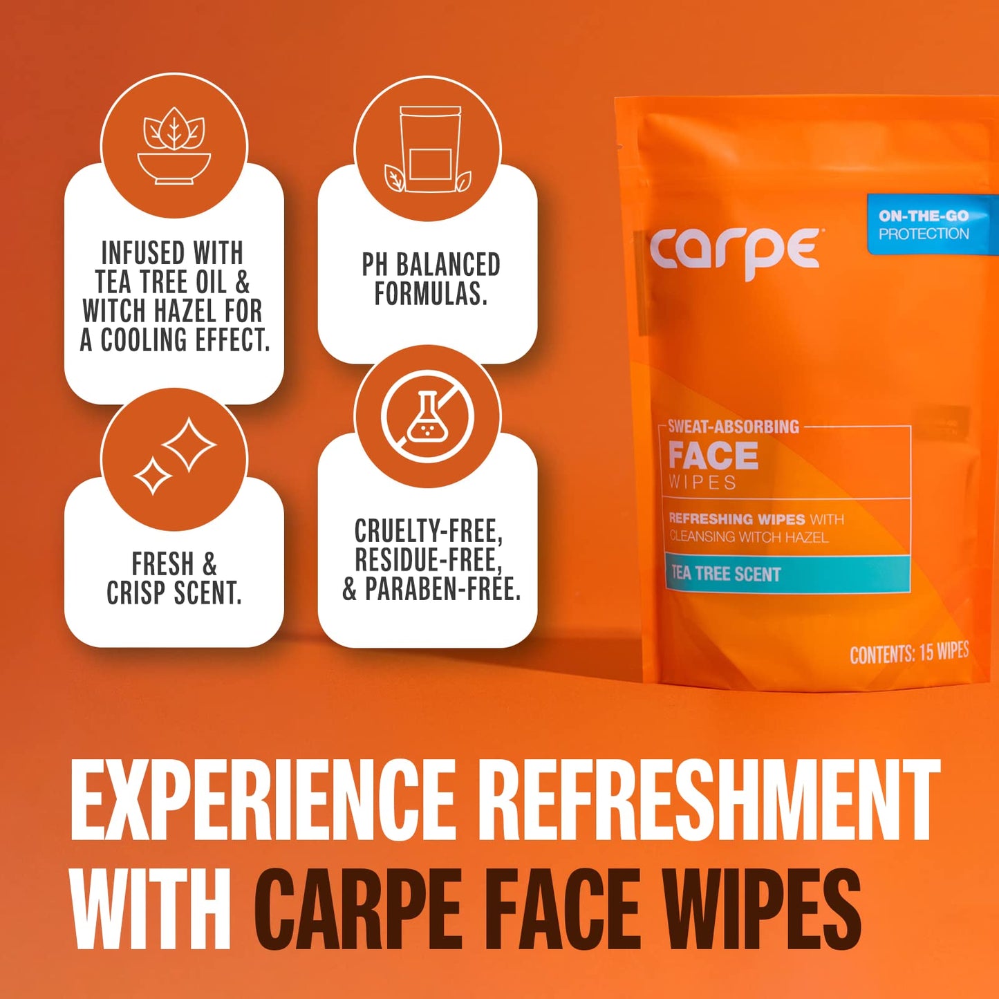 Carpe Sweat Absorbing Face Wipes (15 Facial Wipes). Witch Hazel & Tea Tree Oil Wipes Infused with Eucalyptus. Energizing, Refreshing, and Soothing Beauty & Personal Care Carpe