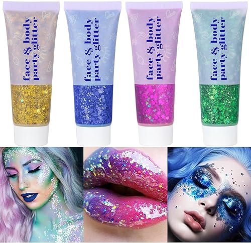 DBEAUTYM 4 Colors Body Glitter Gel, Face & Body Sparkling Holographic Gel, Long Lasting Chunky Sequins Glitters for Eye Lip Hair Nails, Festival Rave Beauty & Personal Care DBEAUTYM
