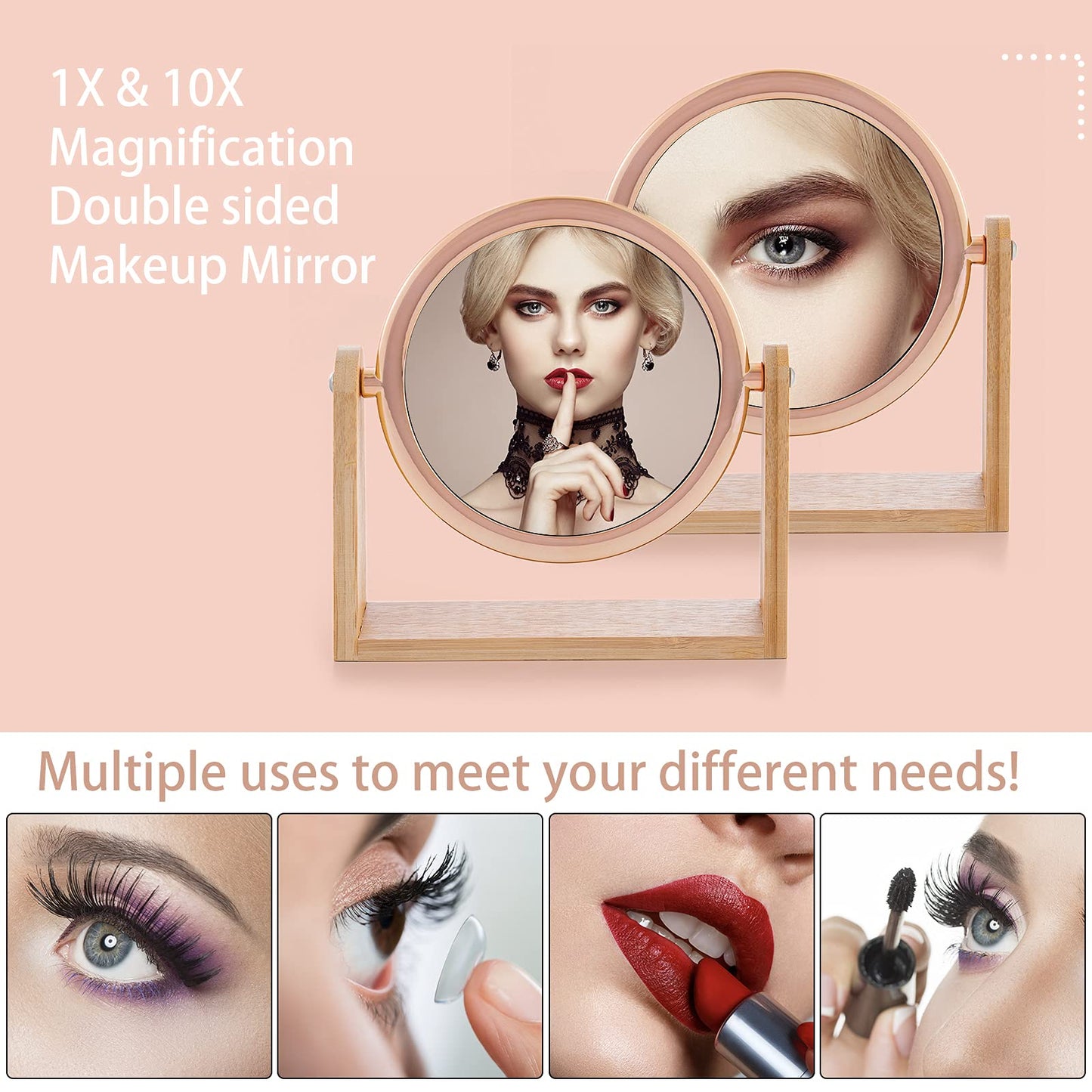 YEAKE Double Sided 10X Magnifying Makeup Mirror with Bamboo Stand,Small Desk Table Mirror with 360° Rotation,Standing Portable Cosmetic Mirror,Good Beauty & Personal Care YEAKE