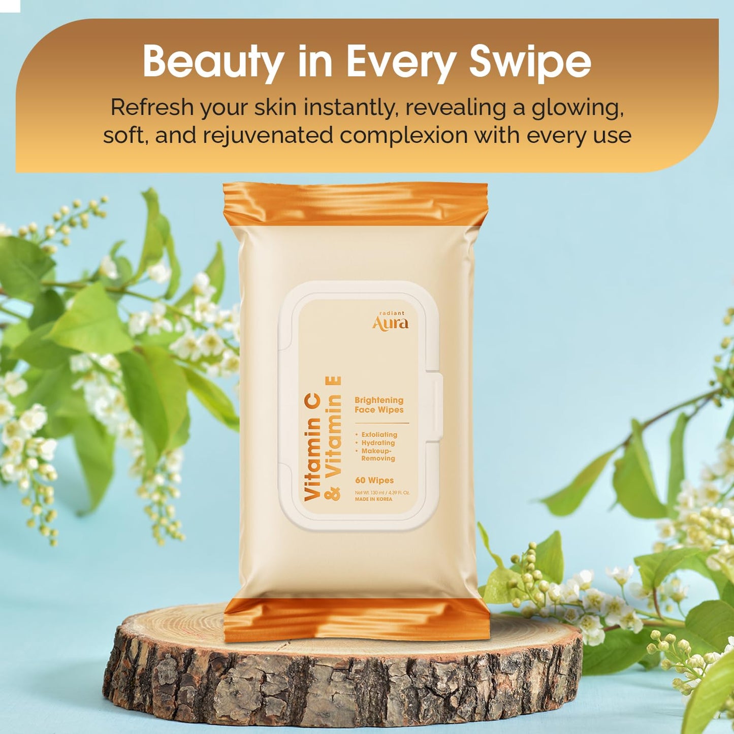Radiant Aura Vitamin C & Vitamin E Face Wipes - Dermatologist Tested, Anti-Aging, Korean Skin Care - Removes Makeup, Hydrates, Softens The Look Beauty & Personal Care Radiant Aura