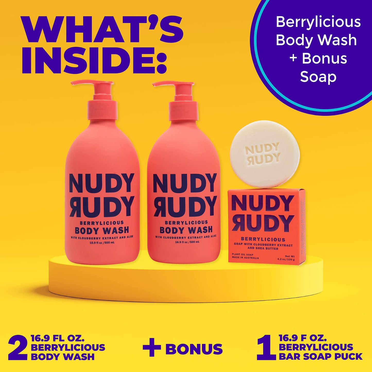 Nudy Rudy Berrylicious 2 Pack, Liquid Body Wash Bundle with Bonus Soap Bar, Aloe Vera and Vitamin E, Moisturizing Shower Gel, Body Wash and Bar Soap Beauty & Personal Care Nudy Rudy
