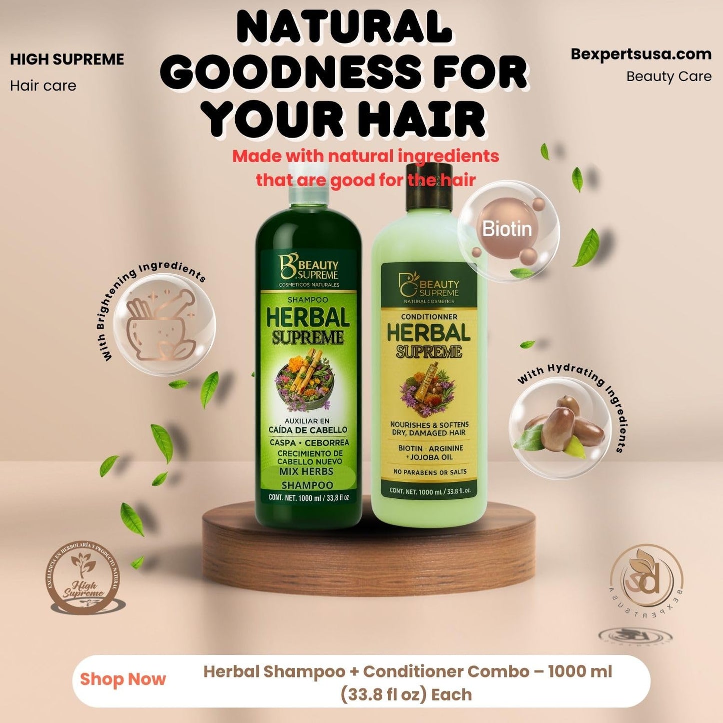 Herbal Shampoo + Conditioner Combo,1000 ml(33.8 fl oz)Each-W/Tepezcohuite,Nettle, Aloe Vera (Sábila),Neem, Rosemary,Horsetail & More-Natural Botanical Beauty & Personal Care HIGH SUPREME