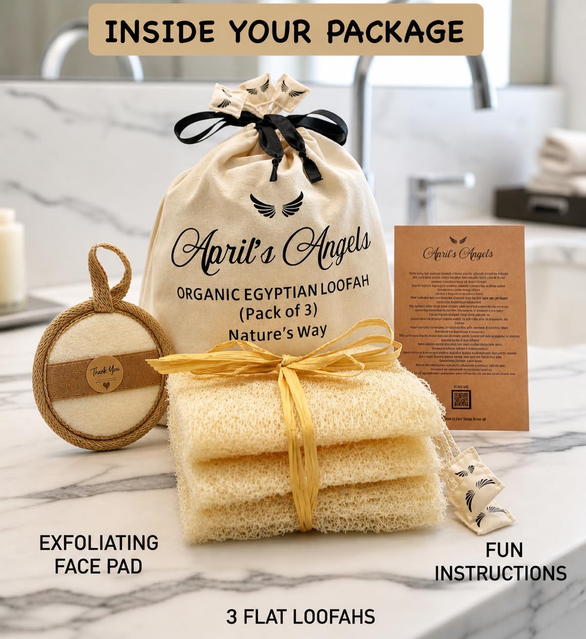 100% Natural Egyptian Loofah Set - 3 Large Exfoliating Loofah Sponges + Free Egyptian Face Scrubber + Cotton Storage Bag - Eco-Friendly Body Scrubber Beauty and Personal Care April's Angels