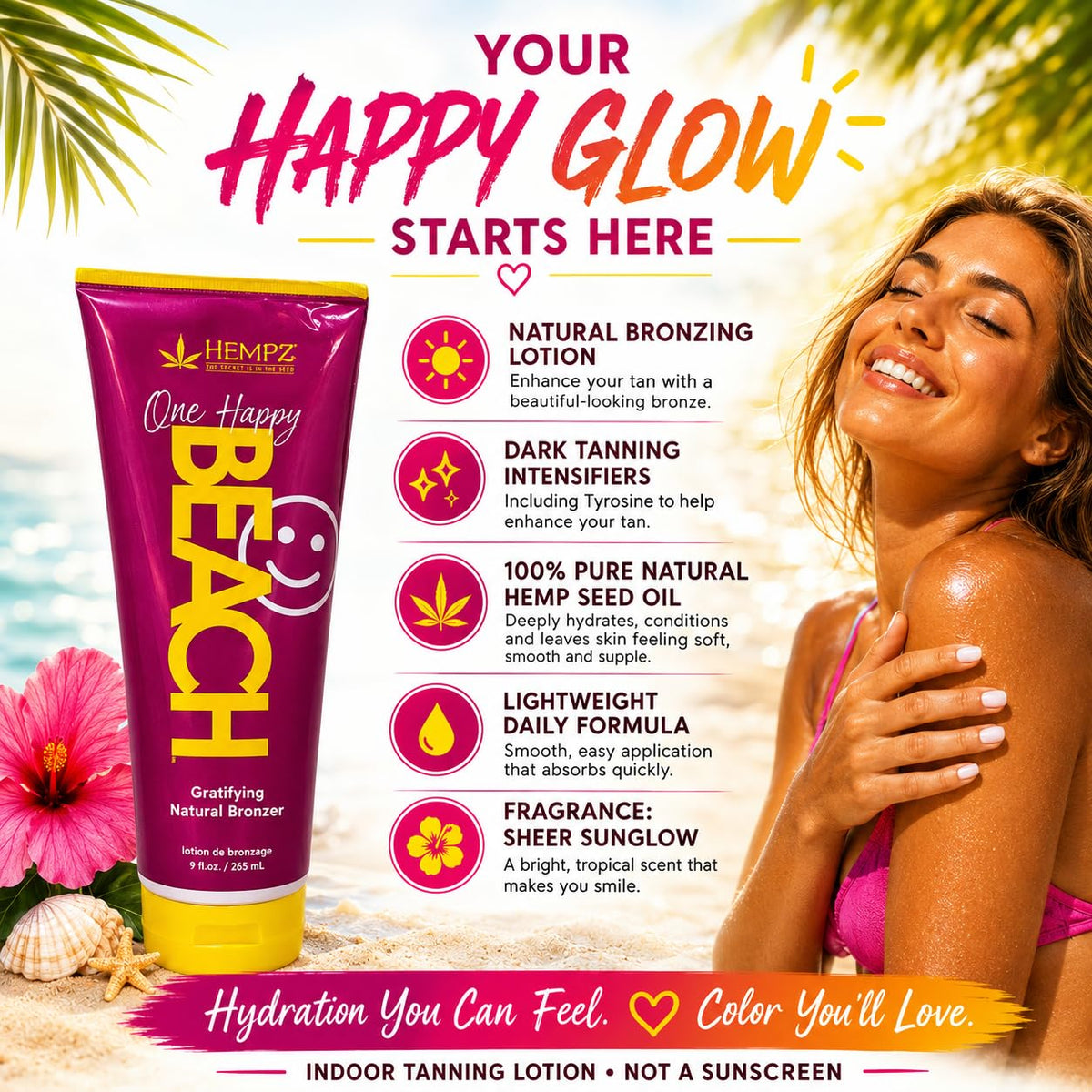 HEMPZ Tanning Lotion - One Happy Beach Gratifying Natural Bronzer - Moisturizing Self-Tanning Lotion for Tanning Beds, Beach, Sun - 9 Fluid ounces