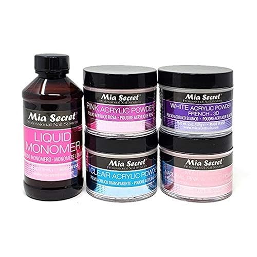 MIA SECRET 4 oz LIQUID MONOMER + Acrylic Powders Set - Pink 2 oz, Clear 2 oz, 3D White 2 oz & Multibalance Pink 2 oz Beauty & Personal Care Mia Secret