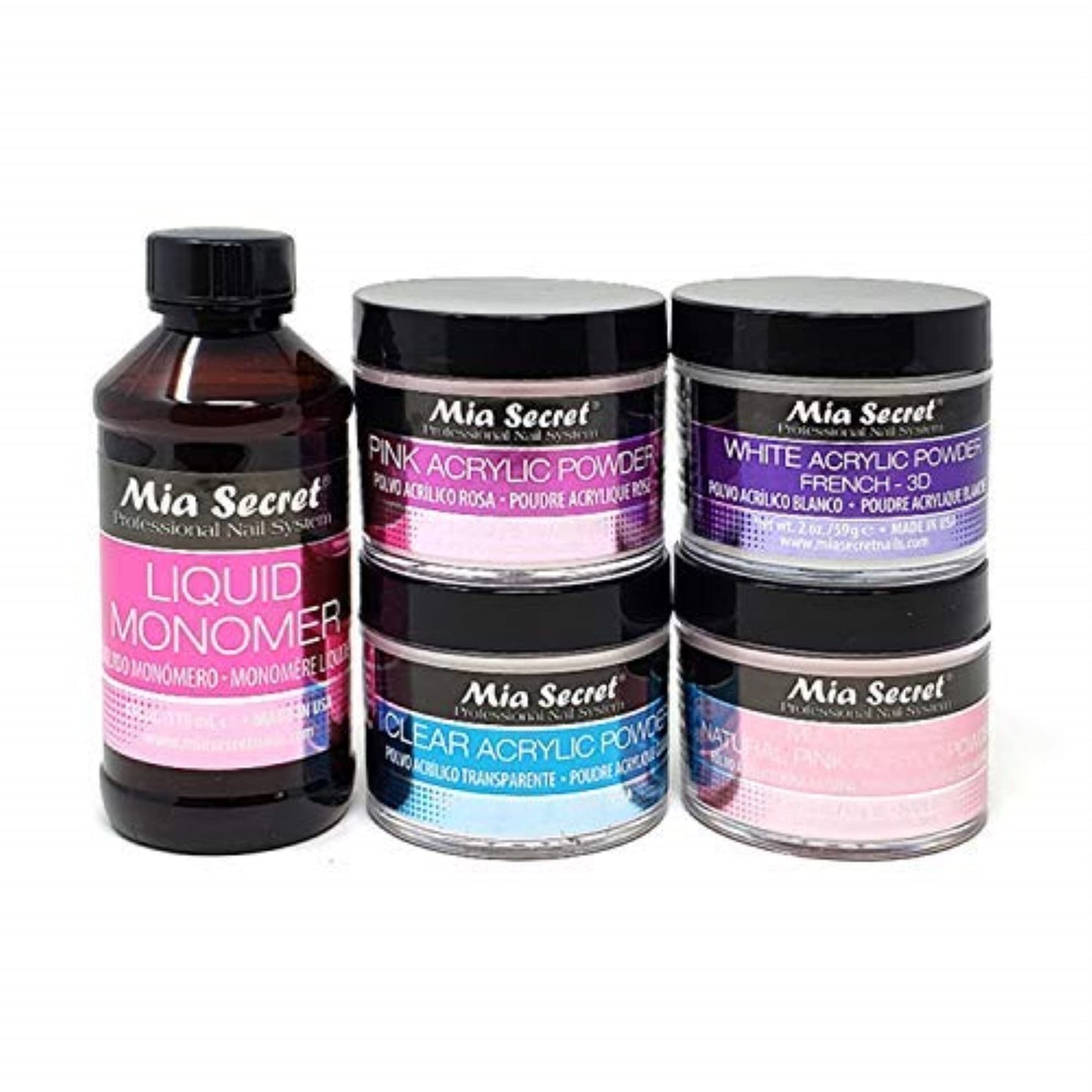 MIA SECRET 4 oz LIQUID MONOMER + Acrylic Powders Set - Pink 2 oz, Clear 2 oz, 3D White 2 oz & Multibalance Pink 2 oz Beauty & Personal Care Mia Secret