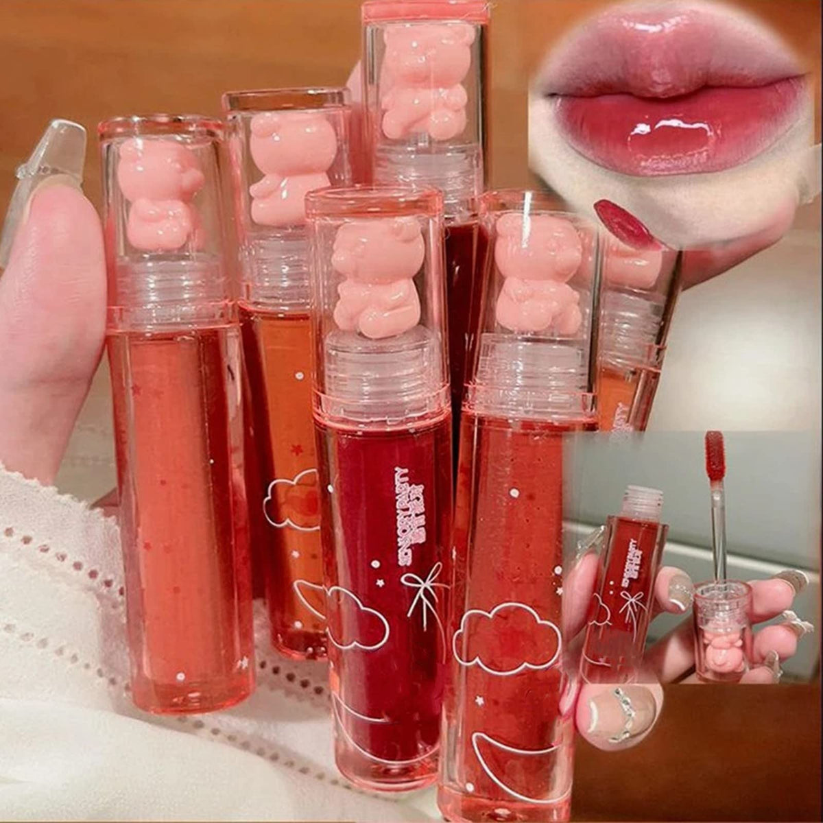 New Irven 2Pcs Bear Lip Glaze Jelly Lipstick,Liquid Lipstick Cute Bear Lipgloss Moisturizing Lip Stain Plumping Water Lip Gloss Waterproof Long Beauty & Personal Care New Irven
