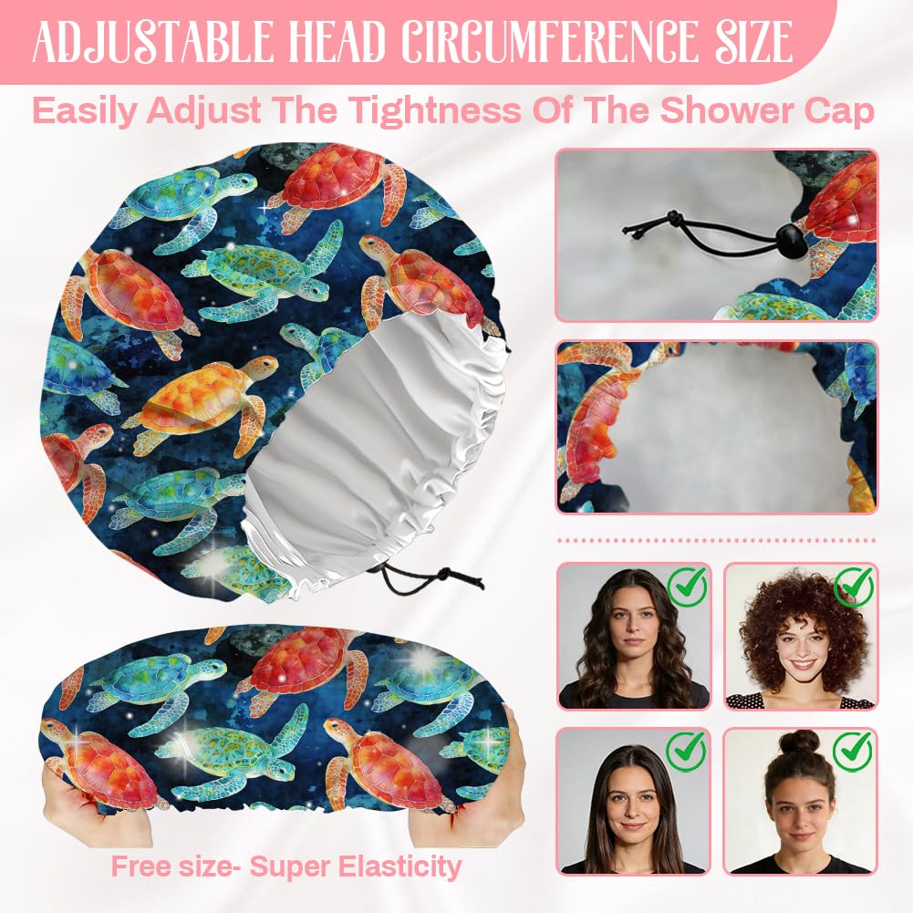 DELORIGIN Sea Turtle Reusable Shower Cap Ocean Double Layer Waterproof Shower Caps Large Elastic Hair Cover Adjustable Hair - Drying Caps for Woman Beauty and Personal Care DELORIGIN