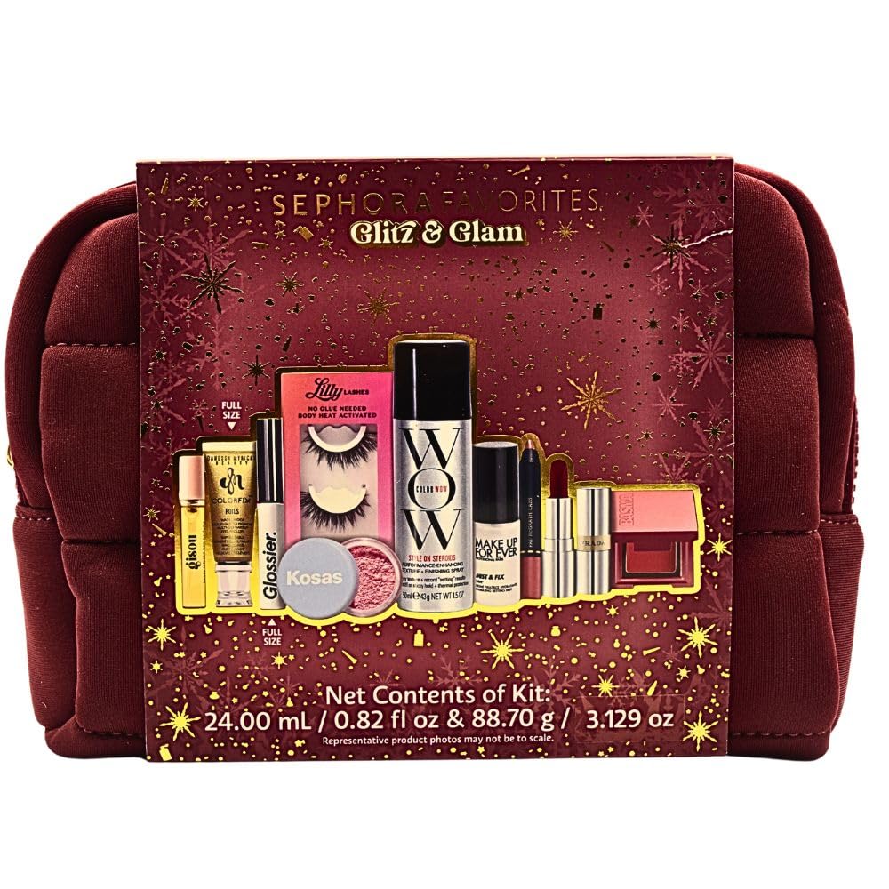 Sephora Glitz & Glam 10 Piece Holiday Gift Set: Makeup, Hair & Skincare Essentials with Red Lipstick, Blush, Powder & Lashes Beauty & Personal Care SEPHORA