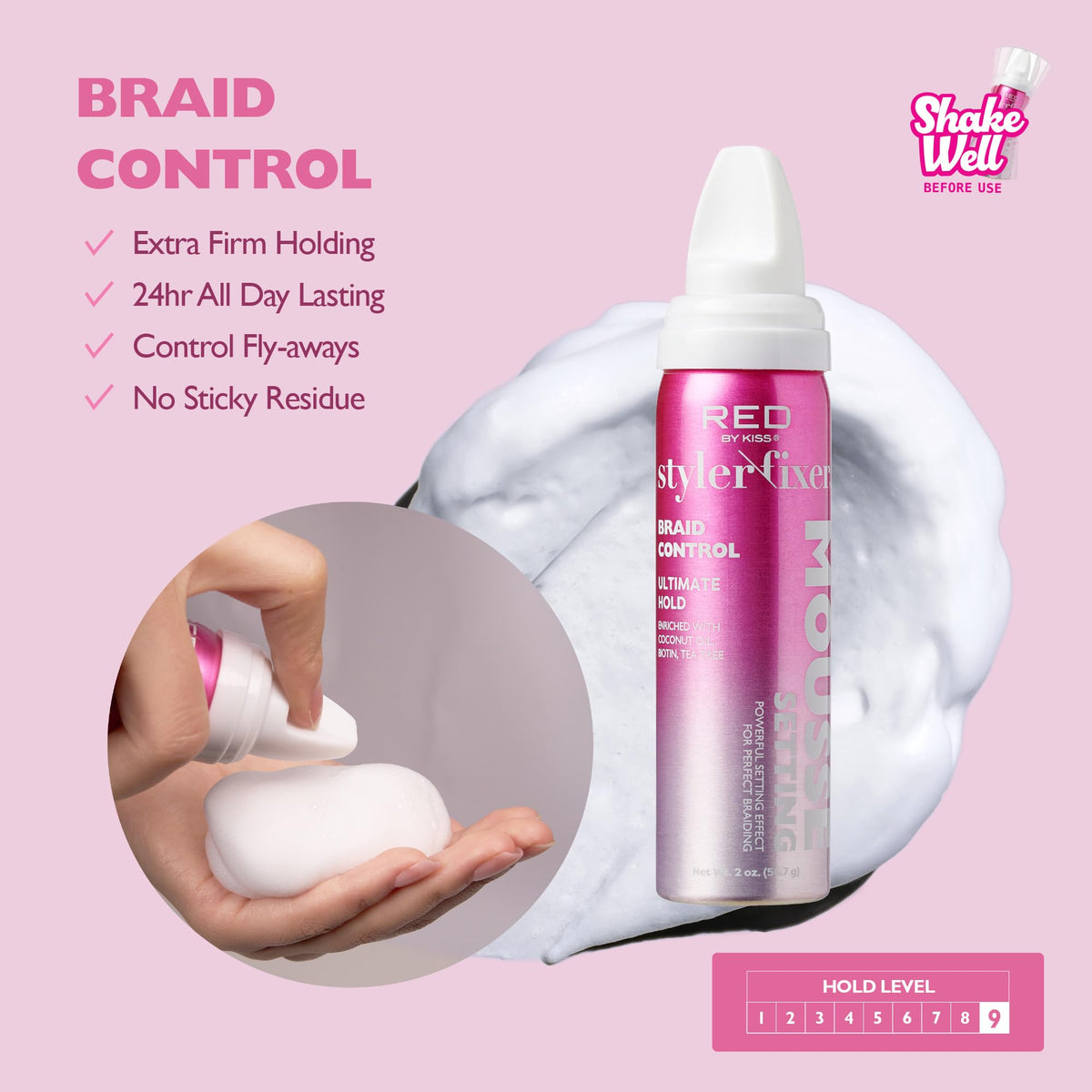 Red by Kiss Setting Mousse Braid Frizz Control, Curl Definition, Shine, Maximize Volume, Ultimate Hold, Long Lasting, Non Sticky Creamy Foam Style Beauty & Personal Care Red by Kiss
