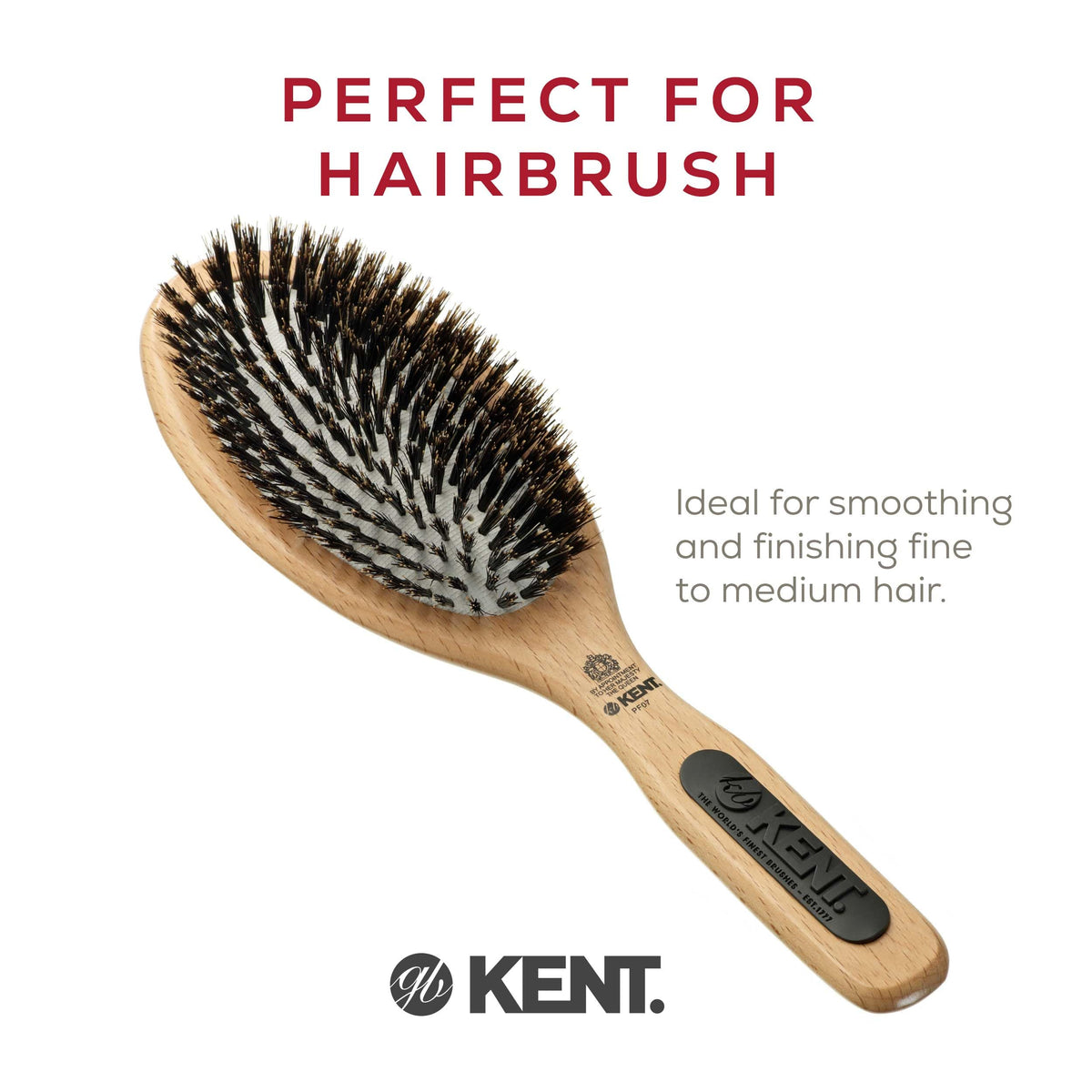 Kent PF07 Extra-Large 100% Boar Bristle and Non-Scratch Nylon Mix Cushion Brush - Wooden Detangling and Oval Smoothing Paddle Brush for Thin Hair -