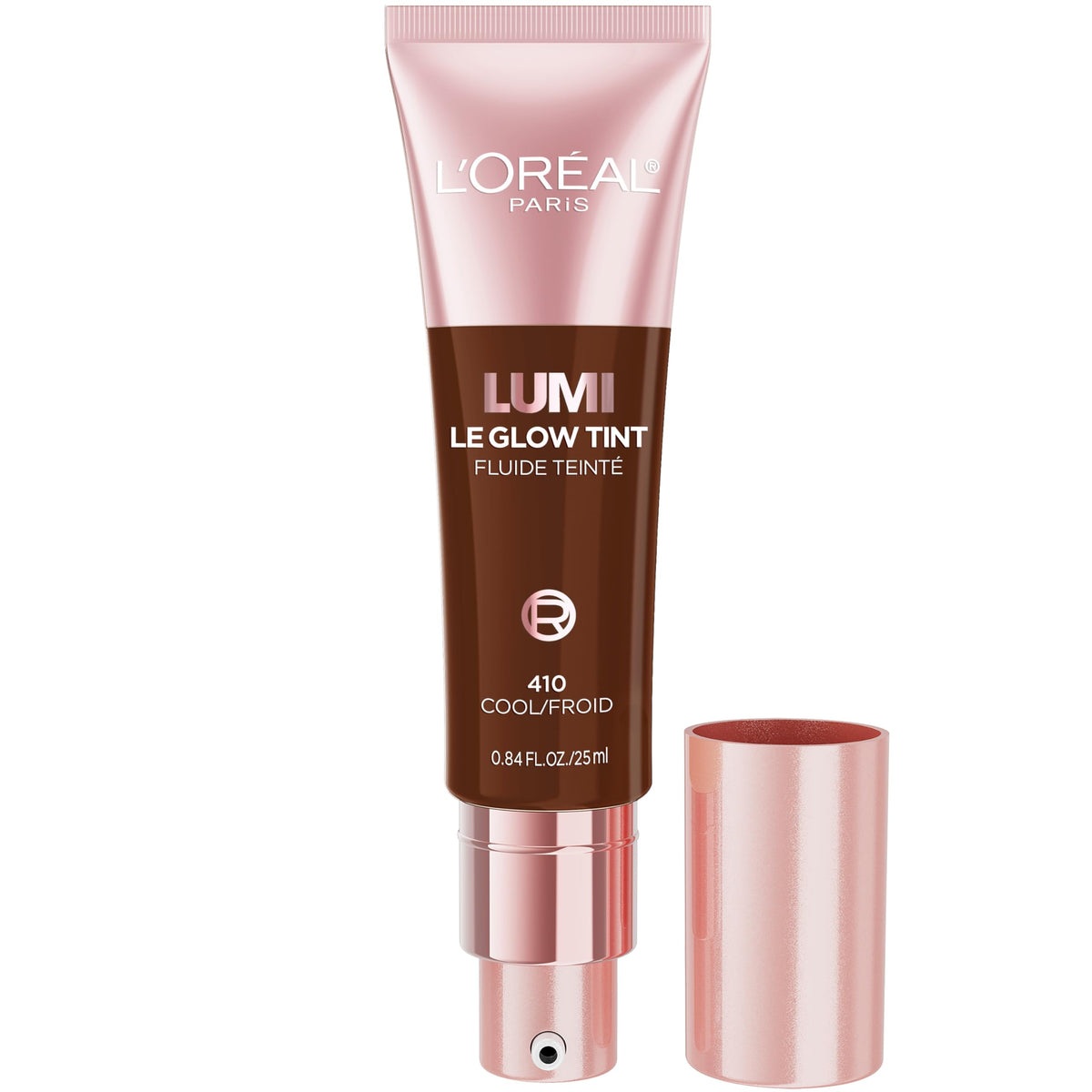 L'Oreal Paris Lumi Le Glow Skin Tint, Lightweight Water-Based Tinted Serum with Foundation-Like Coverage, Glow Illuminator, Cool 410, 0.85 Fl Oz