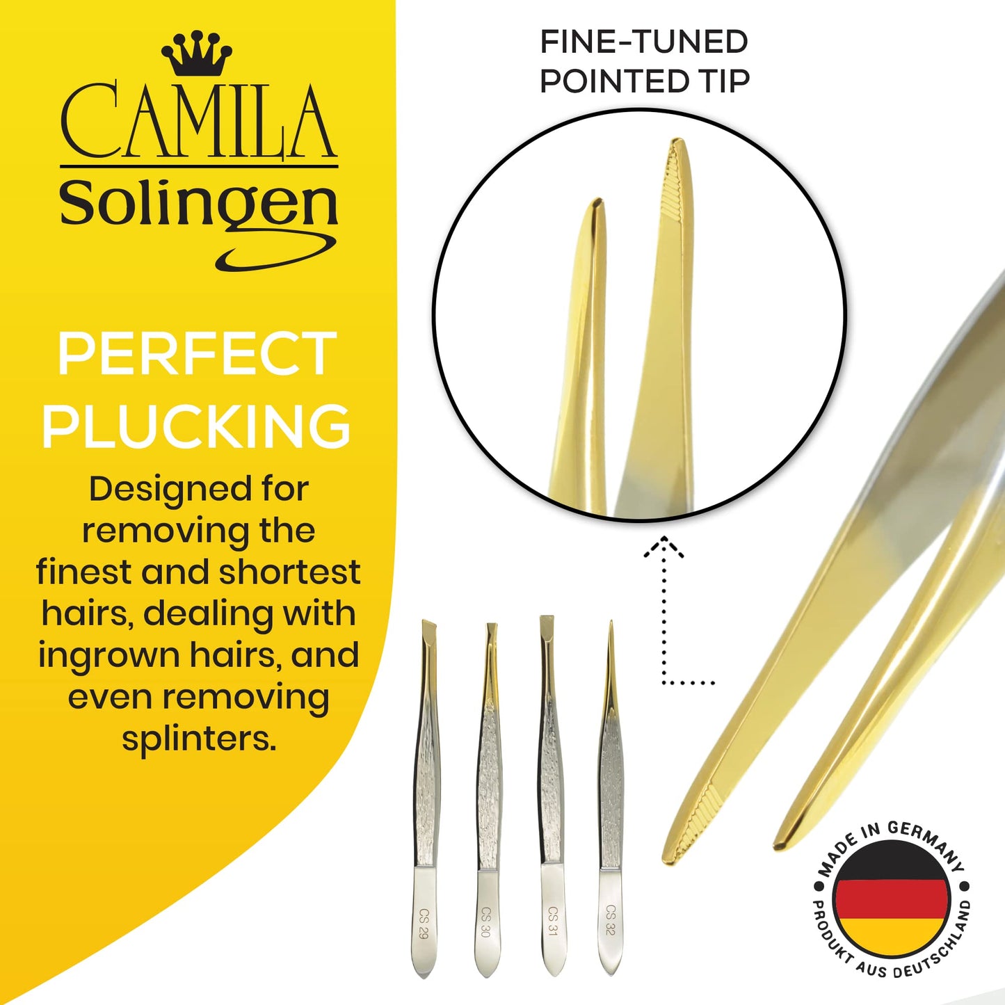 Camila Solingen CS32 3 1/2" Gold Tipped, Surgical Grade, German Carbon Steel Tweezers (Pointed) - Flawless Eyebrow and Facial Hair Shaping and Removal Beauty and Personal Care Camila Solingen
