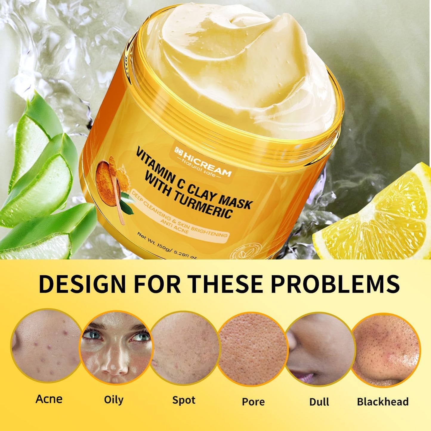 Hicream Turmeric Vitamin C Clay Mask with Kaolin Clay and Turmeric for Dark Spots, Dull Skin, Skincare Facial Mask for Controlling Oil and Refining Beauty & Personal Care Hicream