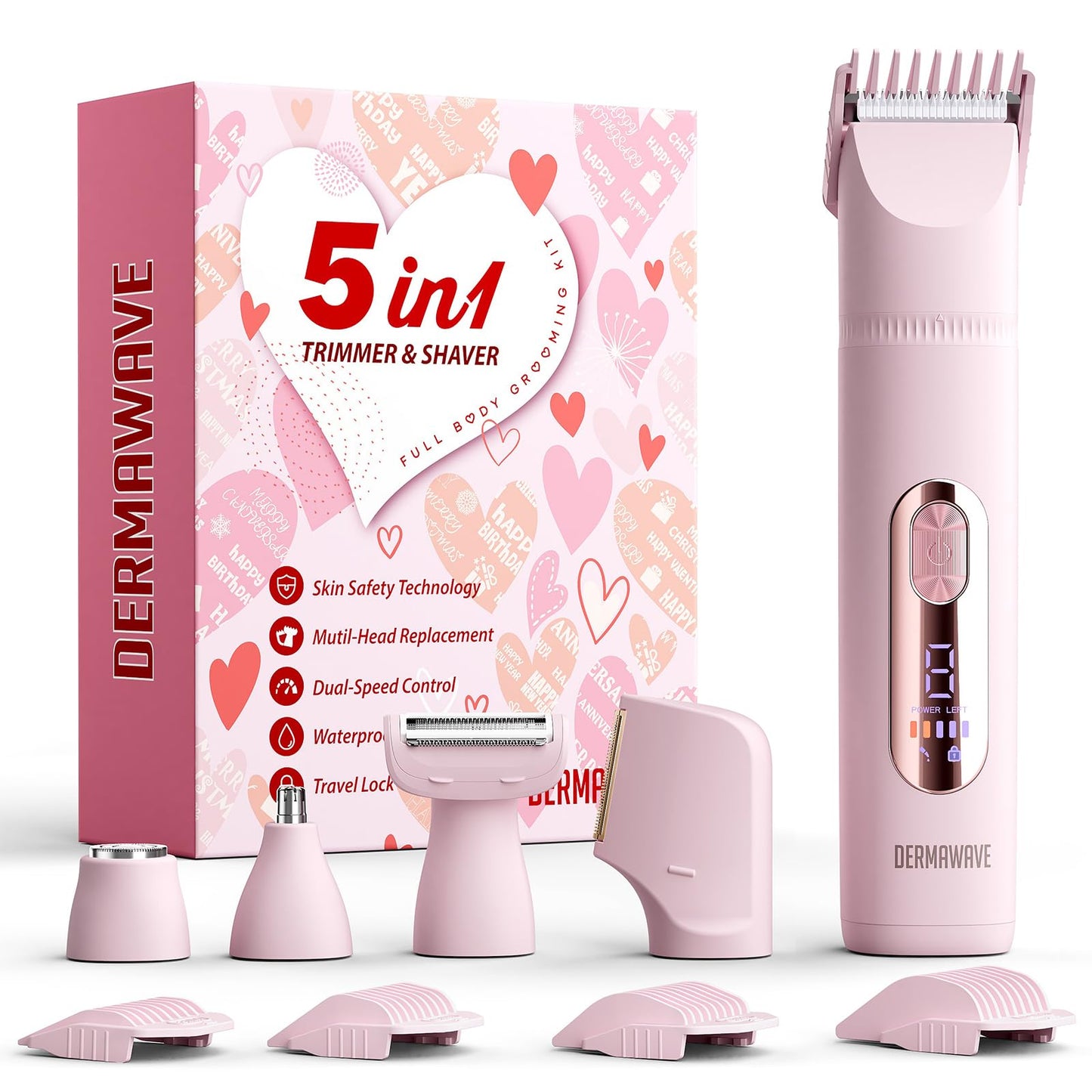 DERMAWAVE 5-in-1 Electric Bikini Trimmer for Women Pubic Hair, Waterproof Electric Razor Foil Shaver Hair Trimmer Epilator for Face, Nose, Ear, Bikini Beauty and Personal Care DERMAWAVE