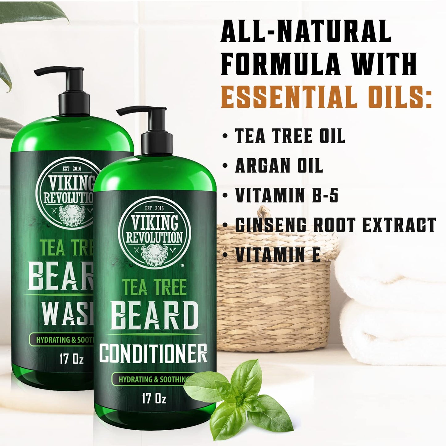 Viking Revolution Tea Tree Oil Beard Wash and Beard Conditioner For Men - Natural Beard Softener Set with Argan Oil, Vitamin E and Ginseng - Beard Beauty & Personal Care Viking Revolution