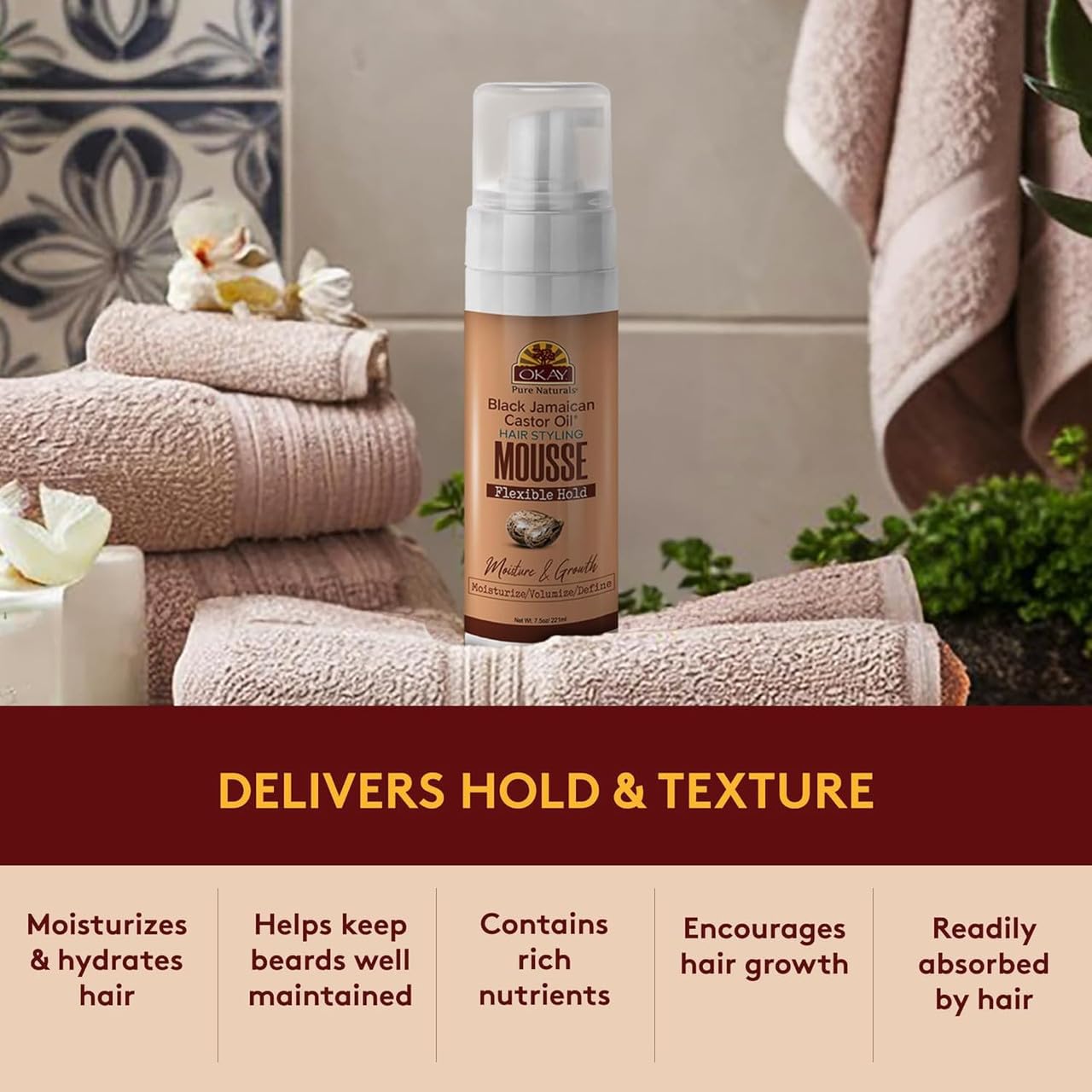 OKAY Black Jamaican Castor Oil Hair Styling Mousse 8 oz - Lightweight Curl Defining Foam for Volume, Frizz Control & Flexible Hold - Moisturizing Beauty & Personal Care OKAY