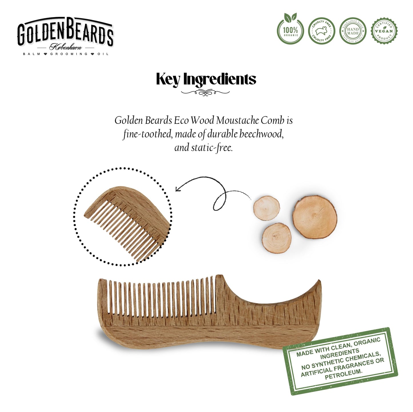 Golden Beards Moustache Wax & Eco Wood Vegan Comb Kit - Medium Hold Wax with Lime Scent & Eco Wood Comb 2.5 in - Handmade, Vegan, Cruelty-Free Beauty and Personal Care Golden Beards Kobenhavn BALM GROOMING OIL