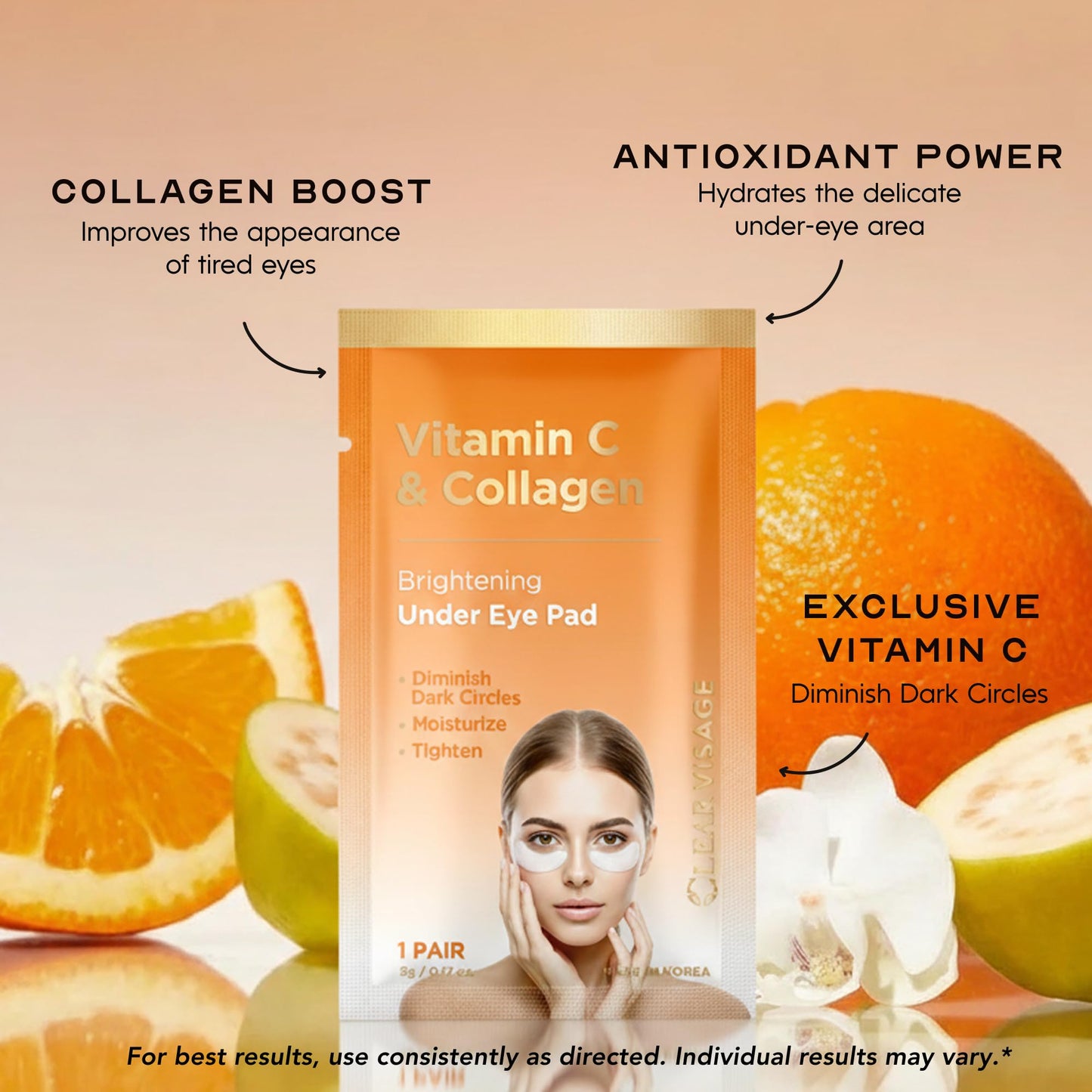 Clear Visage Vitamin C & Collagen Under Eye Patches - Dark Circles & Puffiness Reducer - Hydrating Anti-Aging Pads For Wrinkles - Dermatologist Tested Beauty & Personal Care Clear Visage