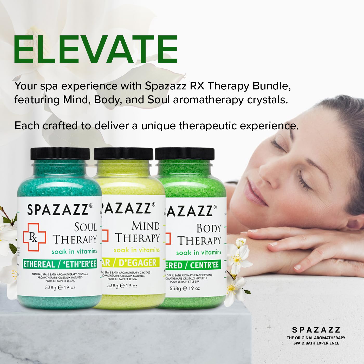 RX Therapy Spa and Hot Tub Aromatherapy Scented Relaxation Bath Salt Crystals - Mind Body and Soul Bundle Gift Set (19 Oz) Includes 5 Point Full Body Beauty and Personal Care Spazazz