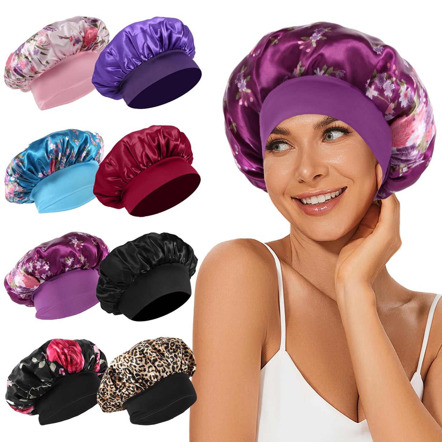 8Pcs Satin Bonnet Silk Bonnet, Hair Bonnet for Sleeping Beauty and Personal Care LEADUWAY Default Title