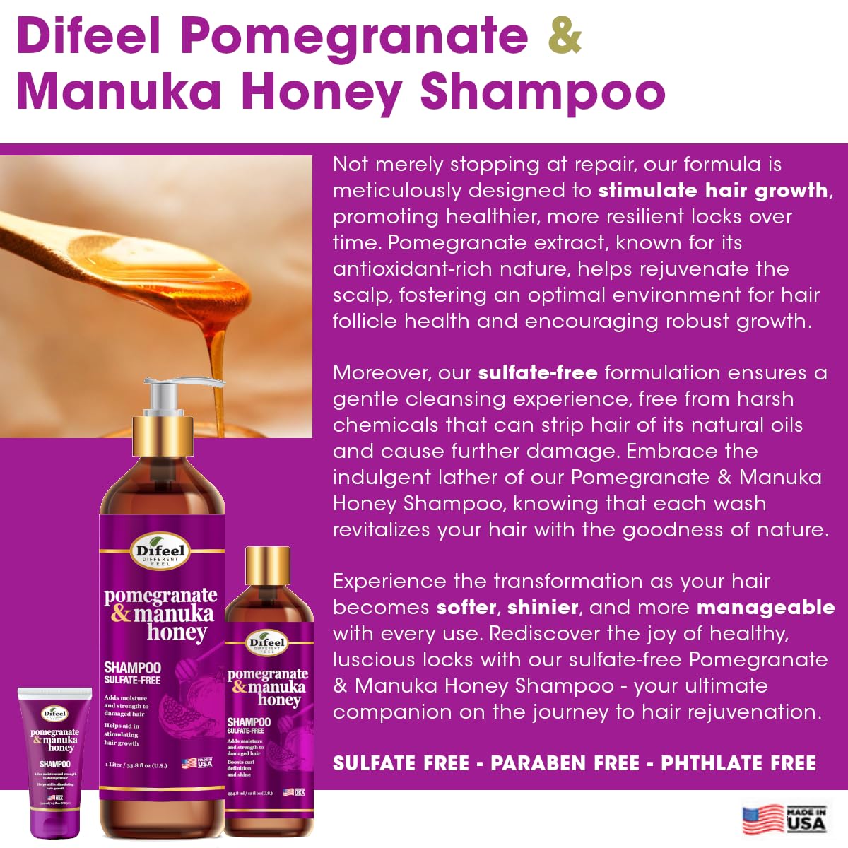 Difeel Pomegranate & Manuka Honey Sulfate-Free Shampoo TRAVEL SIZE 2.5 oz - Strengthens & Moisturizes Damaged Hair, Boosts Curl Defintion and Shine