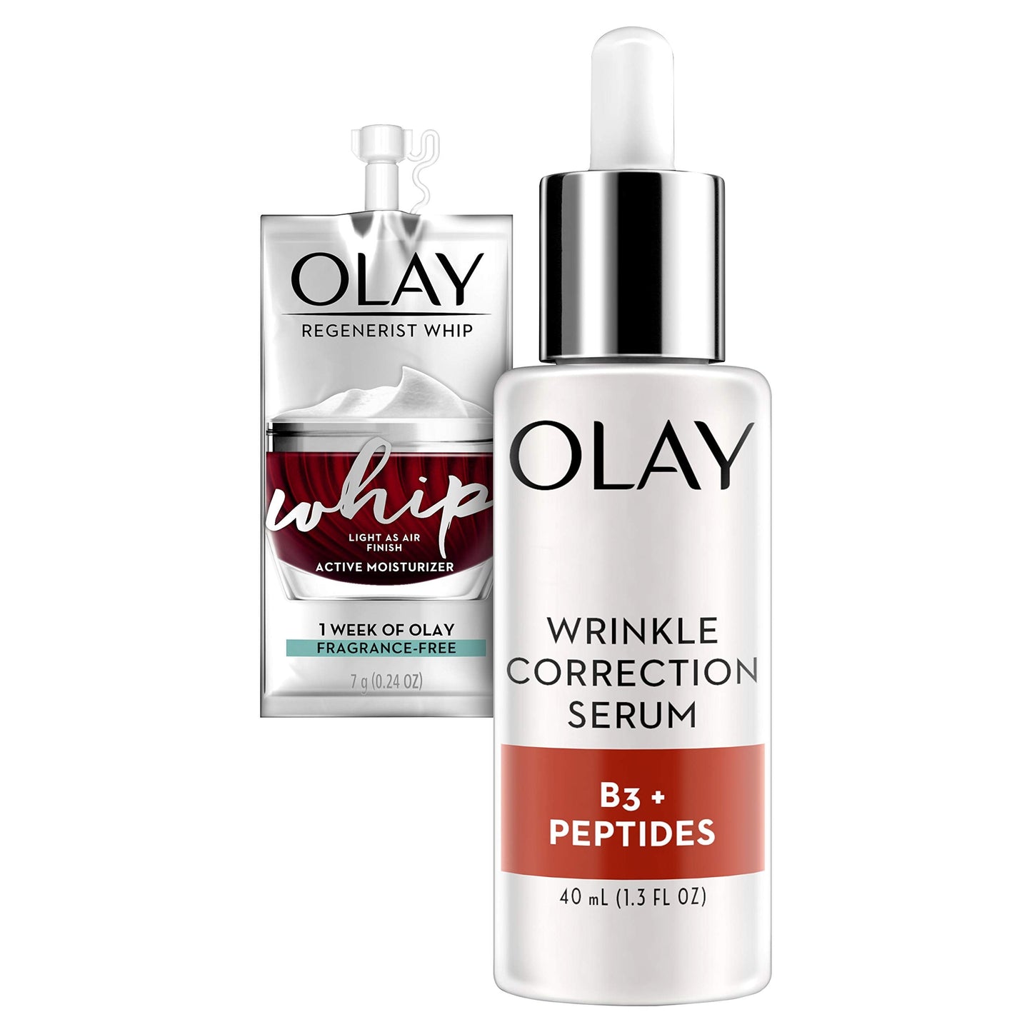 Olay Collagen Peptides Wrinkle Correction Serum, 1.3 Fl Oz + Whip Face Moisturizer Travel/Trial Size Bundle Beauty & Personal Care Olay
