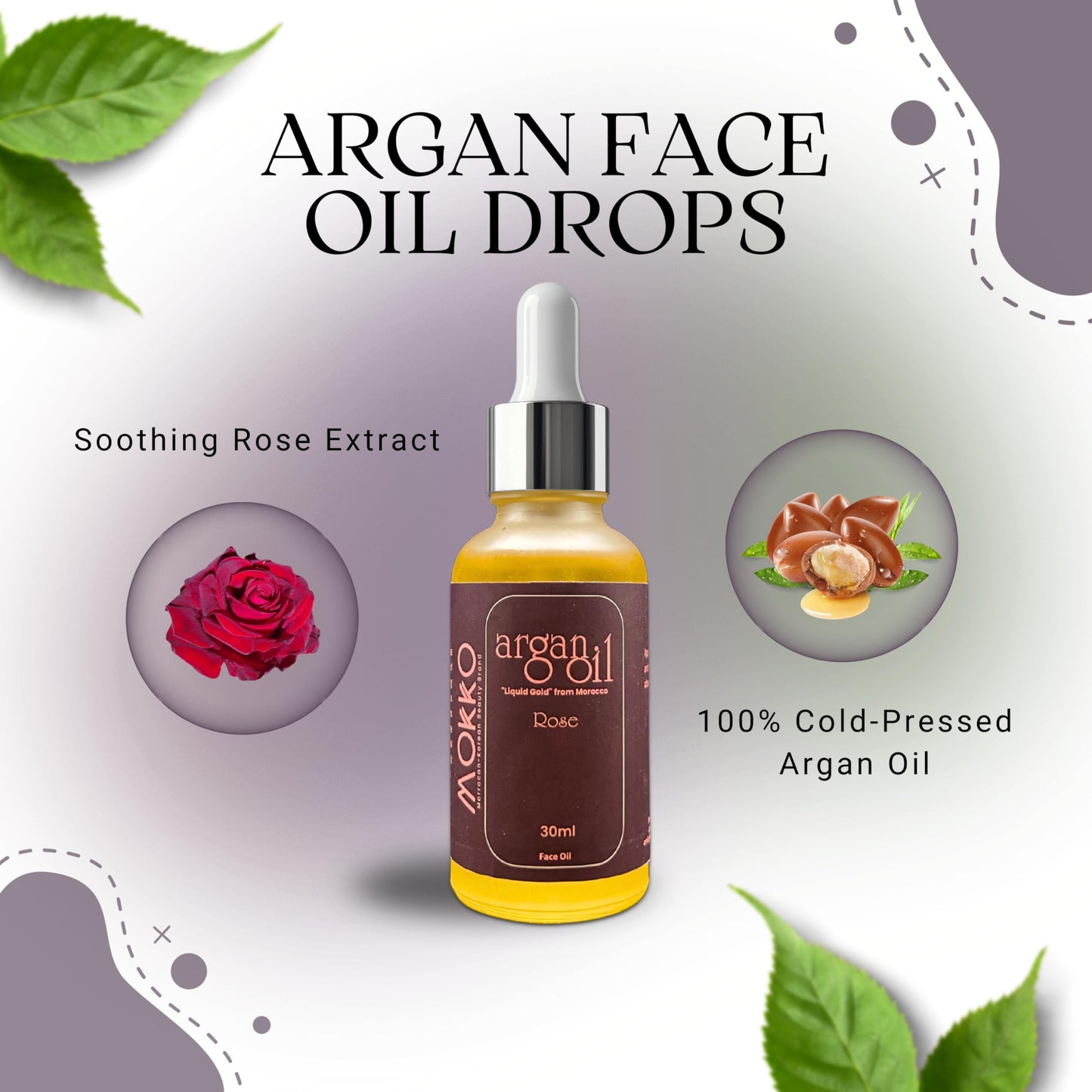 Mokko Argan Face Oil Drops with Rose - 100% Pure Moroccan Argan Oil | Hydrating, Anti-Aging & Brightening Facial Oil for Dry, Sensitive & Acne-Prone Beauty & Personal Care mokkobrand