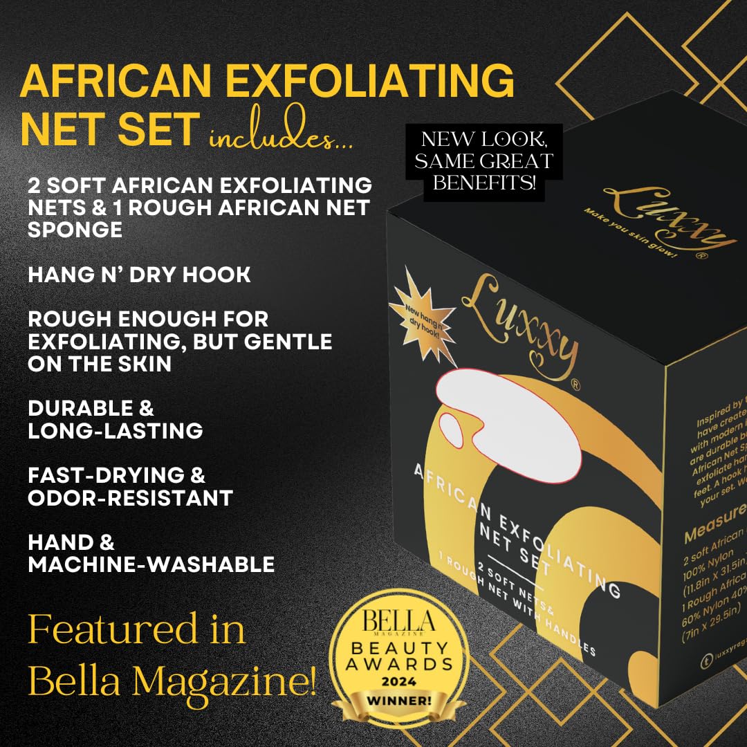 Luxxy® | 3 Pack Set 2 Soft African Exfoliating Nets & 1 Rough African Net Sponge with Handles For The Back, Neck or Feet, Black Women Owned, Achieve Beauty & Personal Care Luxxy