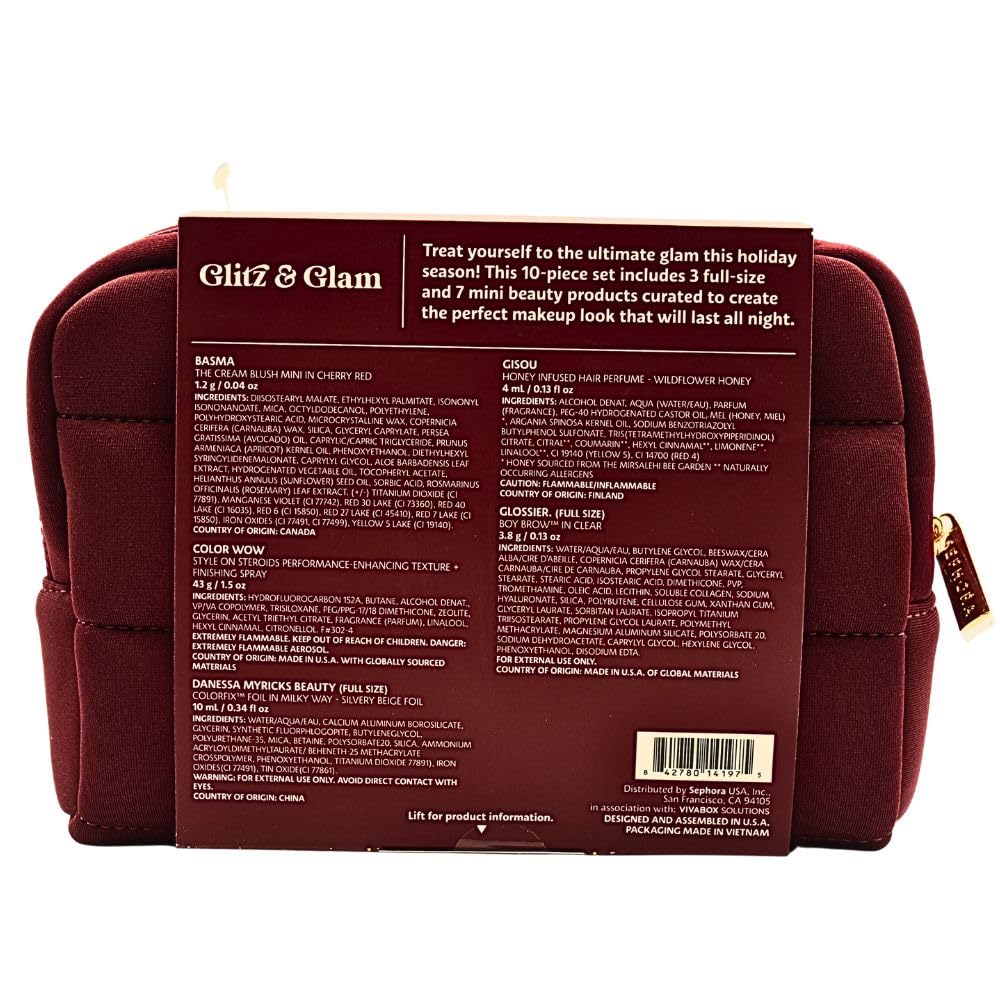 Sephora Glitz & Glam 10 Piece Holiday Gift Set: Makeup, Hair & Skincare Essentials with Red Lipstick, Blush, Powder & Lashes Beauty & Personal Care SEPHORA