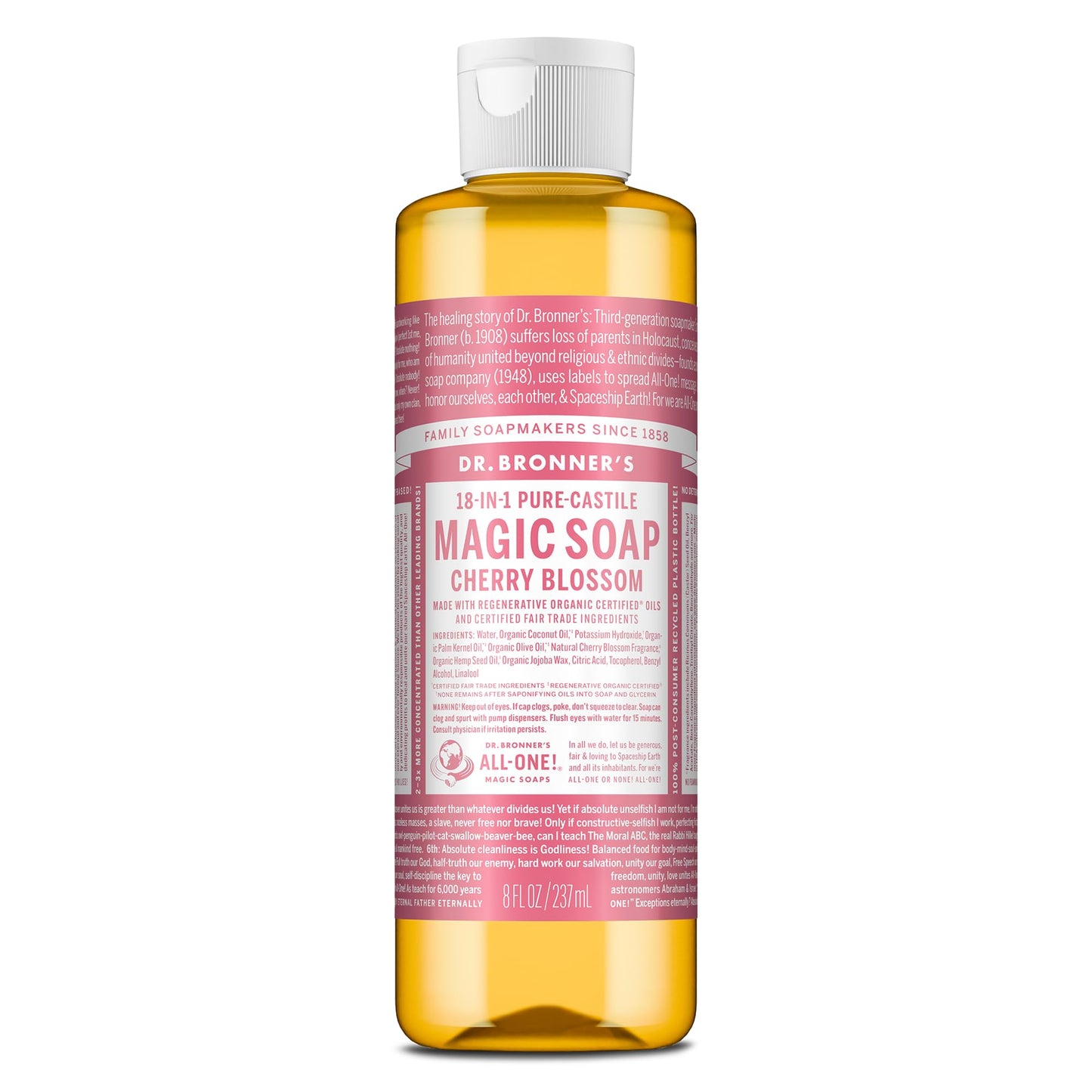 Dr. Bronner's Pure-Castile Magic Liquid Soap (Cherry Blossom, 8 Ounce) - Made with Regenerative Organic Certified Oils, 18-in1 Uses: Face, Hair, Hand Beauty & Personal Care Dr. Bronner's