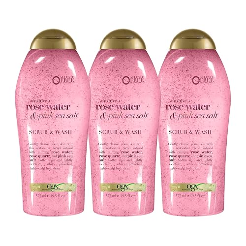 OGX Sensitive + Pink Sea Salt & Rosewater Sulfate-Free Soothing Body Scrub with Healing Rose Quartz, Gentle Exfoliating Daily Body Wash to Soften Beauty & Personal Care OGX