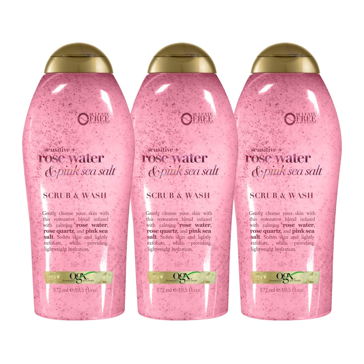OGX Sensitive + Pink Sea Salt & Rosewater Sulfate-Free Soothing Body Scrub with Healing Rose Quartz, Gentle Exfoliating Daily Body Wash to Soften Beauty & Personal Care OGX
