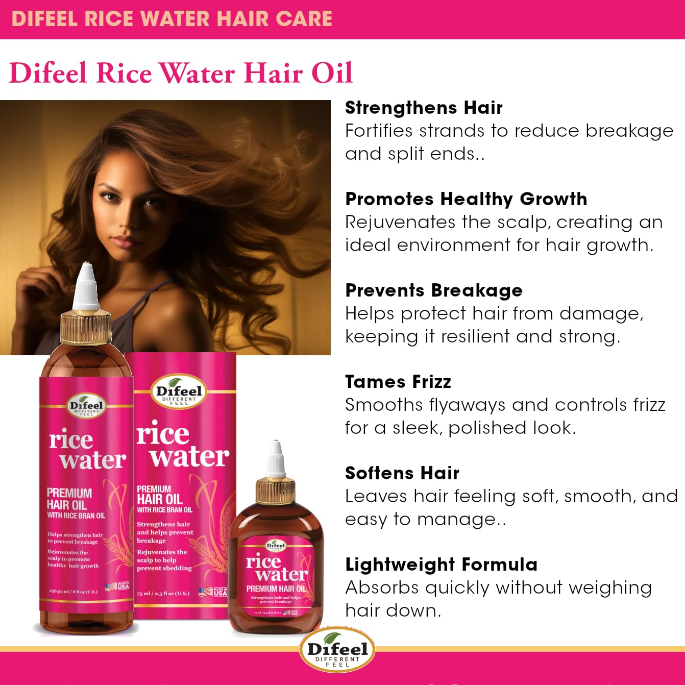Difeel Rice Water Premium Hair Oil 8 oz. - Strengthening Rice Water Moisturizer for Hair Beauty & Personal Care Difeel