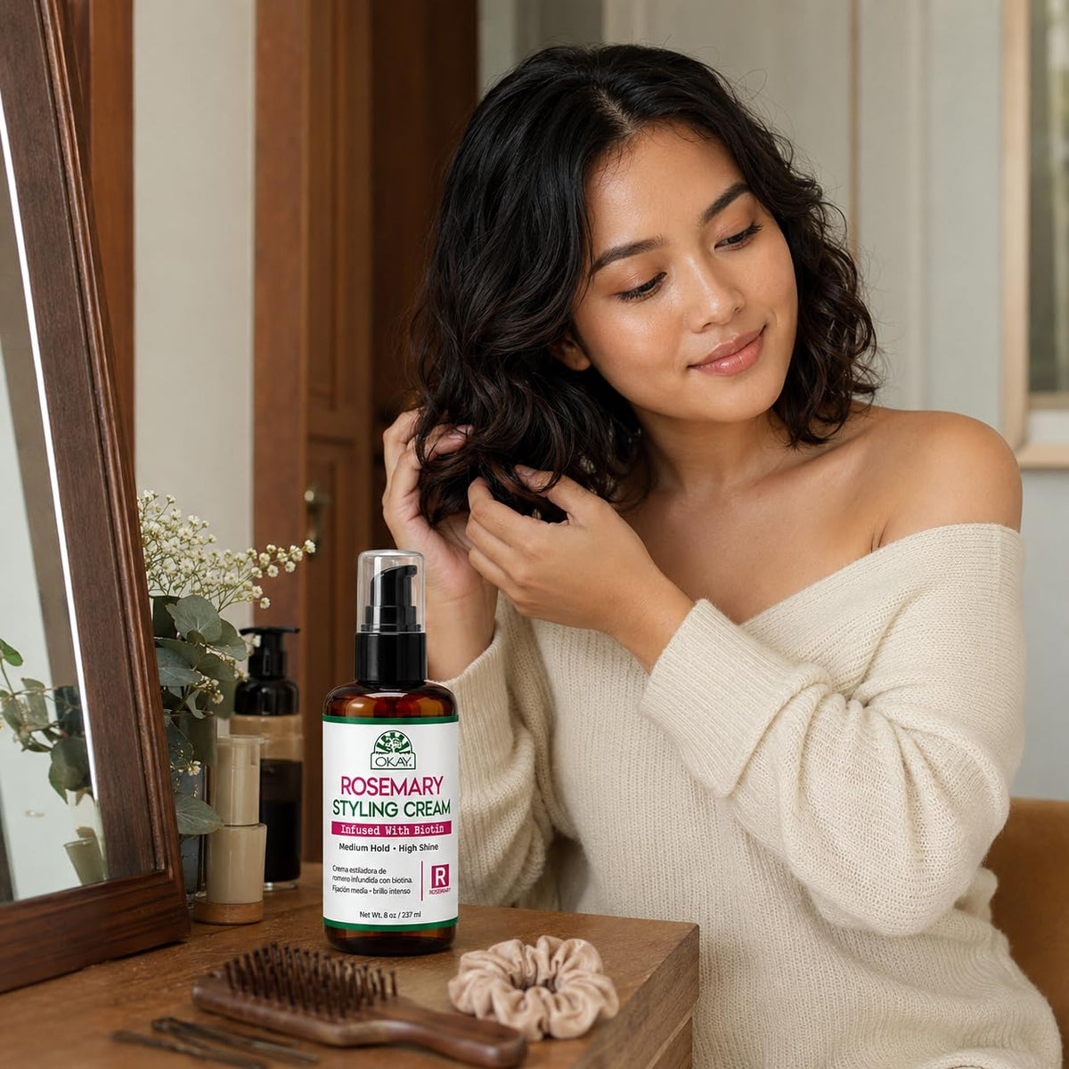 OKAY Rosemary Styling Cream with Biotin 8 oz Medium Hold Hair Cream for Shine, Frizz Control & Hair Strengthening